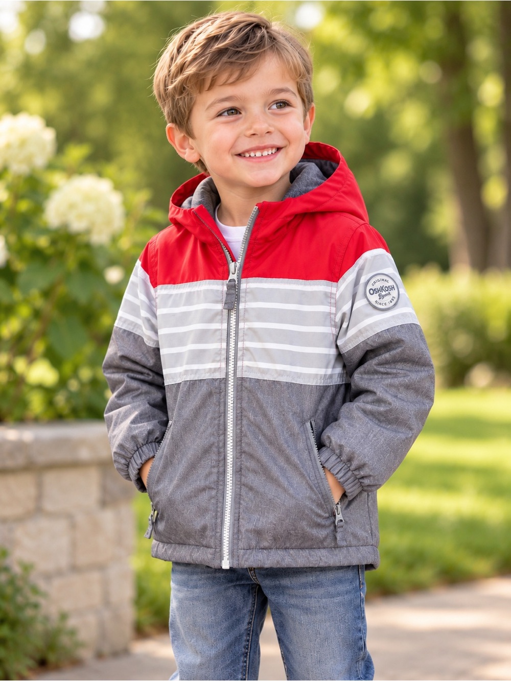 OshKosh B’gosh Boys Colorblock Hooded Jacket 4T Fleece Lined Red Grey